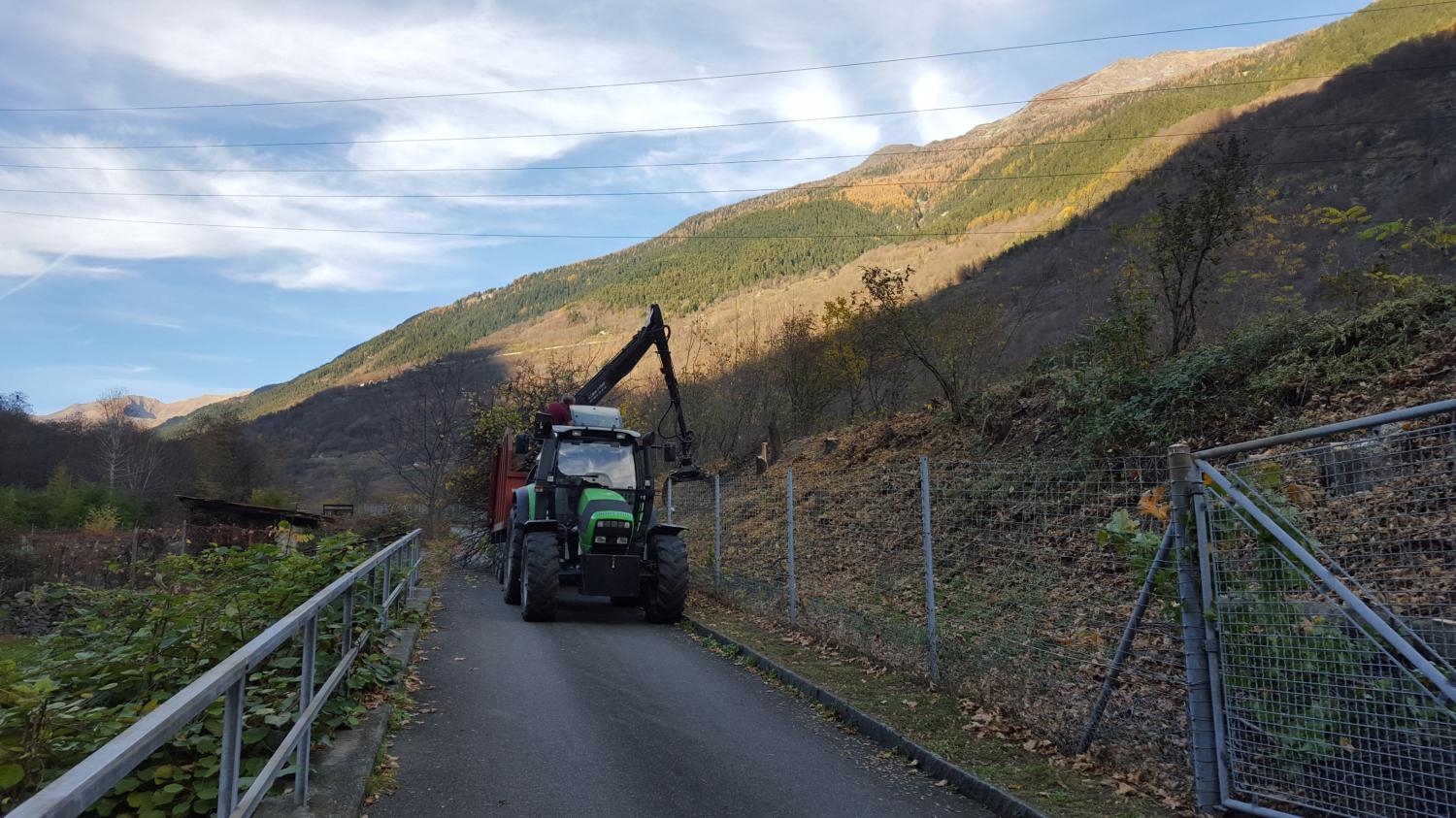 Trattore con gru e rimorchio
